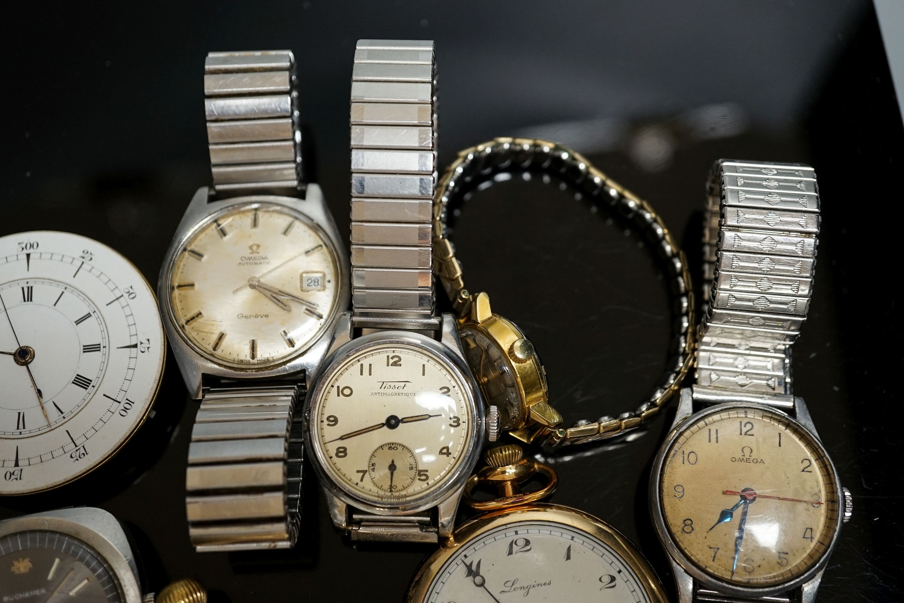 A group of assorted steel or gold plated wrist and pocket watches including six Omega (one military) and one Bucherer watch.